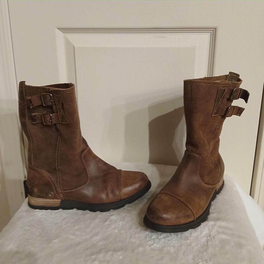 Sorel Major Pull On Brown Oiled Distressed Leather & Suede Combat Boots Buckle 7